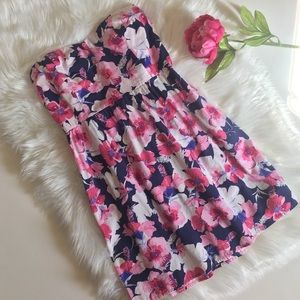 Strapless pink and blue floral sun dress